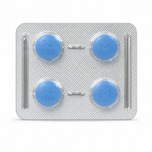 威達挺 Vedafil 100mg 鋁箔藥板正面,藍色圓形藥錠與銀色 blister 包裝